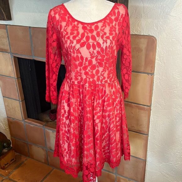 Free People Hot Red Floral Mesh Lace Dress, 6! - Picture 1 of 12
